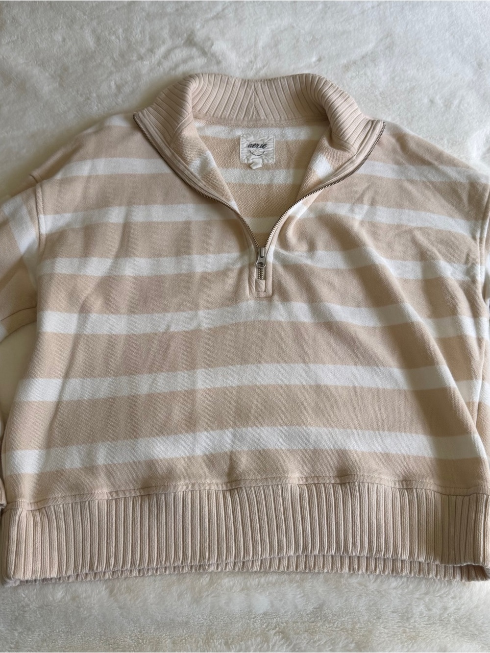 Aerie Striped Quarter Zip Size Small Beige White